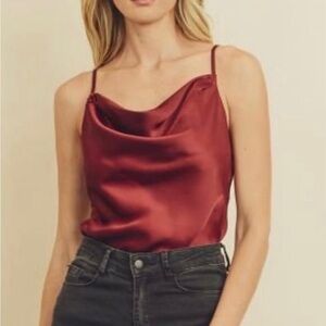 Sleek Burgundy Satin Cowl Neck Bodysuit